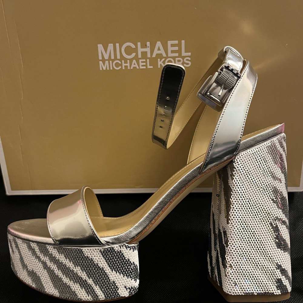 Michael Kors Ashton Silver Platform Sandals with Zebra Sequin Block Heel